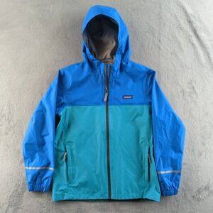 Patagonia Rain Jacket Kids XL 14 Blue Teal Hooded Windbreaker Coat Outdoor Nylon
